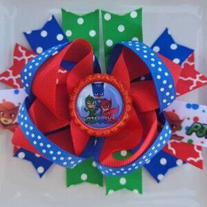 PJ Masks Red Green Blue Bottle Cap Hair Bow 5"